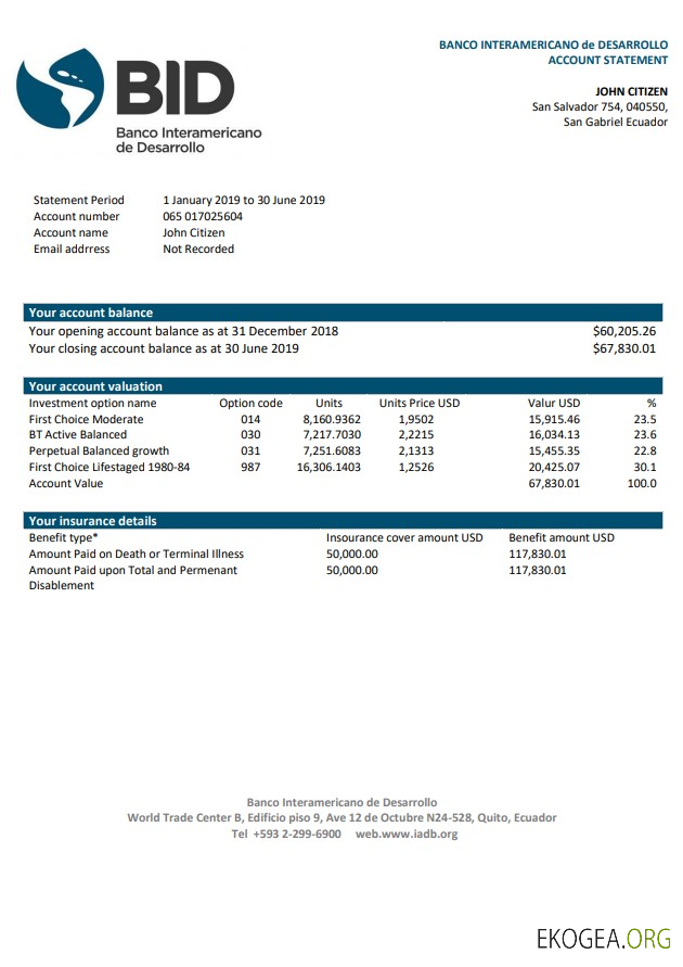 Relevé bancaire de la Banco Interamericano de Desarrollo (BID) en Équateur